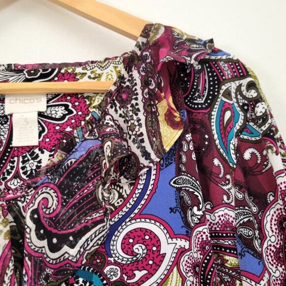 Chico's Blouse Top Women's 3, XL Paisley Ruffle Slinky Stretch Eclectic Office - Picture 5 of 8